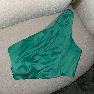 Green Ruched Satin One Shoulder Top